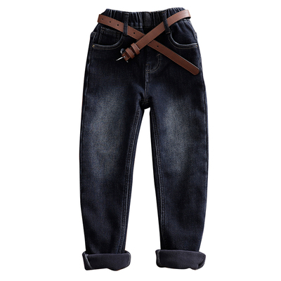 男童一体绒牛仔裤中大童秋冬修身