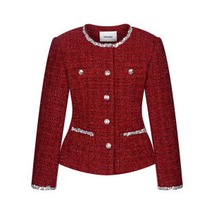 HiimDai 千金大小姐 银丝编织酒红小香风收腰外套&低腰半身裙套装