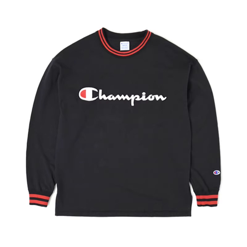 CHAMPION日版 草写体Logo基础款情侣长袖T恤 套头卫衣C3-J424-070