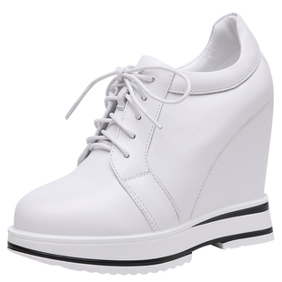 12CM真皮内增高小白鞋女秋系带厚底坡跟单鞋松糕底百搭休闲女鞋子