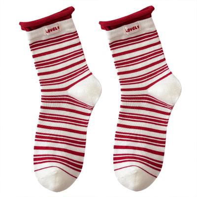 蝴蝶结条纹红袜子女纯棉中筒袜