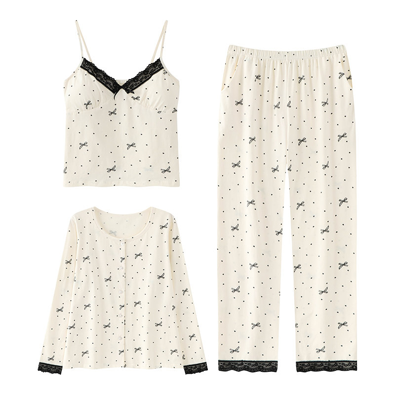 思馨坊睡衣女纯棉三件套带胸垫