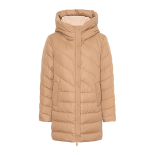 JESSIE琥珀流光鹅绒拼色连帽羽绒服女绗缝保暖长款外套2025冬新款