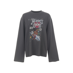 wana try做旧涂鸦卡通趣味灰色长袖T恤2025秋季新款休闲女款上衣