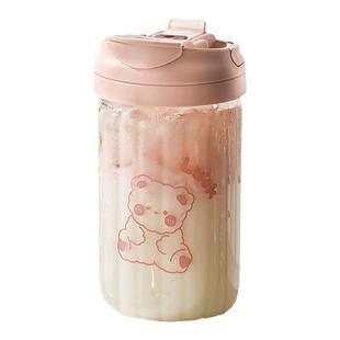 玻璃水杯2024新款女高颜值便携吸管杯高硼硅咖啡杯外带果汁豆浆杯