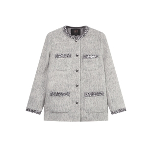 白鹿语时尚气质圆领毛感外套冬新款撞色织带拼接女式羽绒服