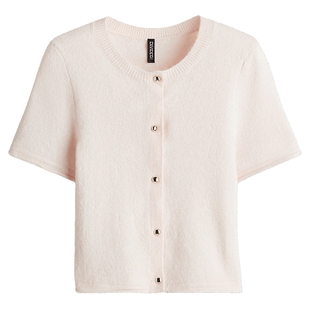 HM女装毛针织衫春季浅春季系穿搭细密针织短袖开衫1271644