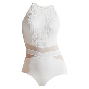 KISSINGGOURAMI黑色圆领网纱露背运动冲浪连体泳衣女显瘦性感休闲