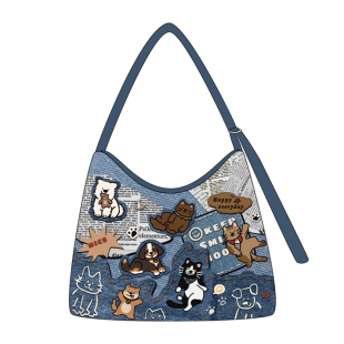 尼睿新款原创单肩包牛仔印花通勤斜挎包可爱狗狗帆布包女礼物Q186