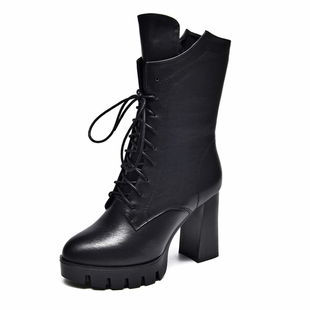 2025秋冬新款真皮高跟中筒靴女防水台马丁靴圆头粗跟系带皮靴子