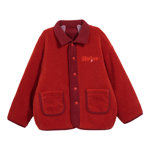 男童红色羊羔绒外套中国风翻领加厚保暖新年本命年拜年服