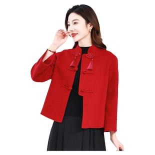 中国结过年红毛呢外套女2026年新款秋冬千金风红色呢子羊毛大衣女