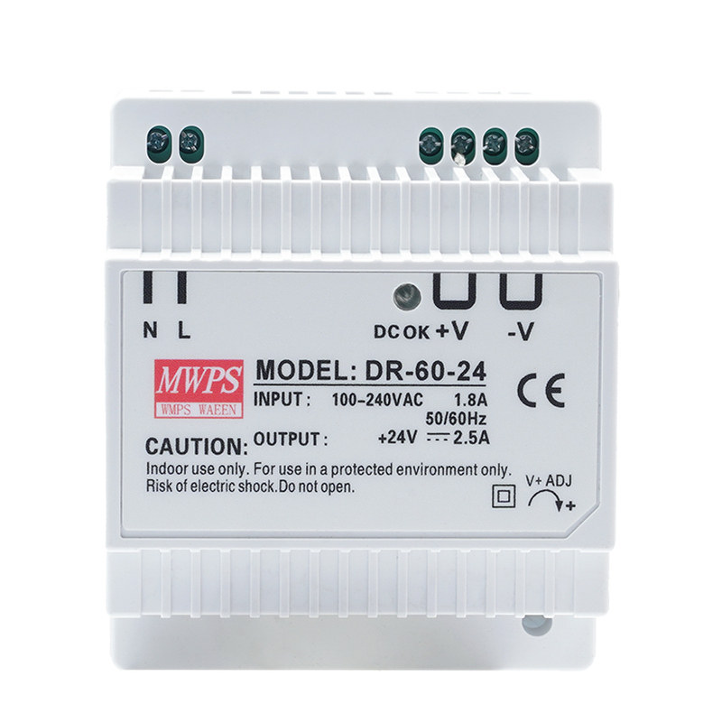 MWPS导轨式开关电源DR-60-24V2.5A直流供电12V5A轨道安装开关电源