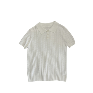 复古麻花纹Polo领针织短袖t恤女！夏韩系透气翻领正肩通勤上衣Tee