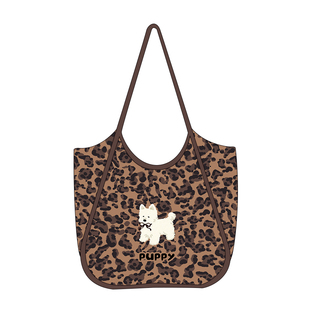 尼睿冬季新款萌趣豹纹小狗托特包日常通勤上学巨能装帆布包Q305