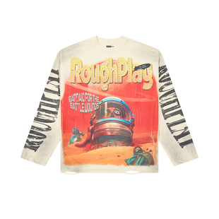 RoughPlay美潮高街复古做旧洗水烫钻破坏宽松重磅纯棉圆领长袖T恤