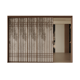 厨房推拉门宋氏美学竹影格栅玻璃阳台门客厅中古风三联动隔断移门