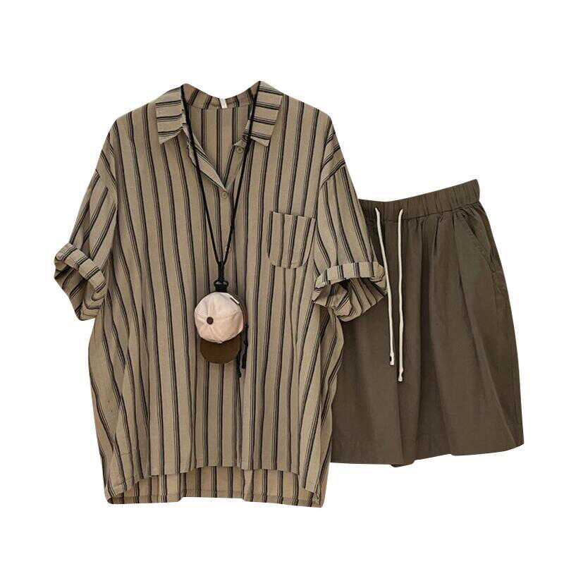 2-300斤盐系BF风运动套装薄款宽松休闲两件套女短袖条纹衬衫短裤