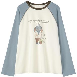 LAGOGO童趣小象撞色插肩长袖T恤女拉谷谷2025秋冬新甜美宽松打底