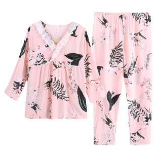 韩版睡衣女春夏季梭织绵绸套装长袖纯棉绸布薄款人造棉家居服大码