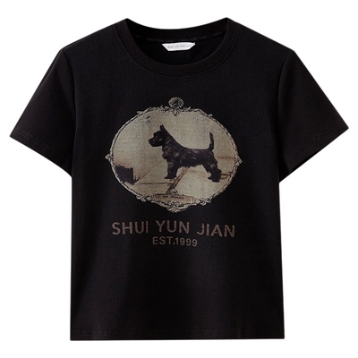 水云间黑色短款小狗上衣女正肩短袖T恤卡通印花修身显瘦2025秋款