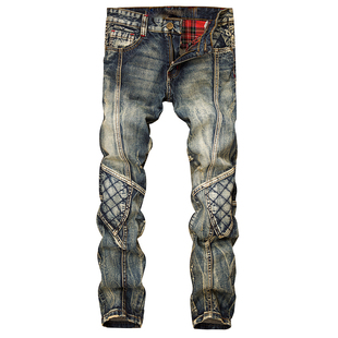 潮牌牛仔裤男修身日系复古秋冬非主流拼接机车个性百搭长裤子夜店