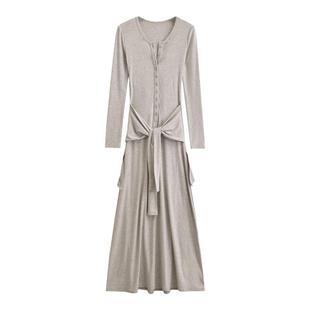 怪力酱 长袖针织连衣裙女秋冬设计感绝美绑带收腰修身气质长裙子