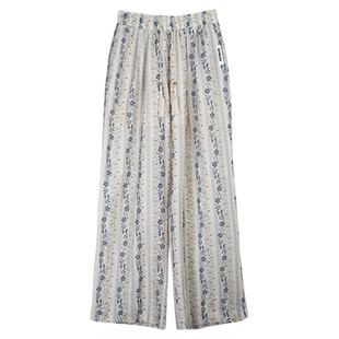 安悦溪厉嘉琪同款ICYNUDE 蓝白碎花松紧腰休闲裤显瘦阔腿裤女裤子