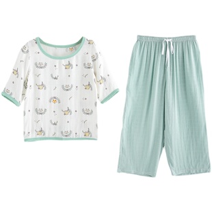 纳多果爸爸纱布家居服竹纤维睡衣套装秋季轻薄muslin亲子装空调服