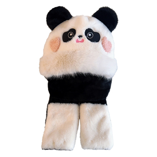 可爱熊猫毛绒帽子围巾手套一体连帽女冬季加厚护耳保暖骑行雷锋帽