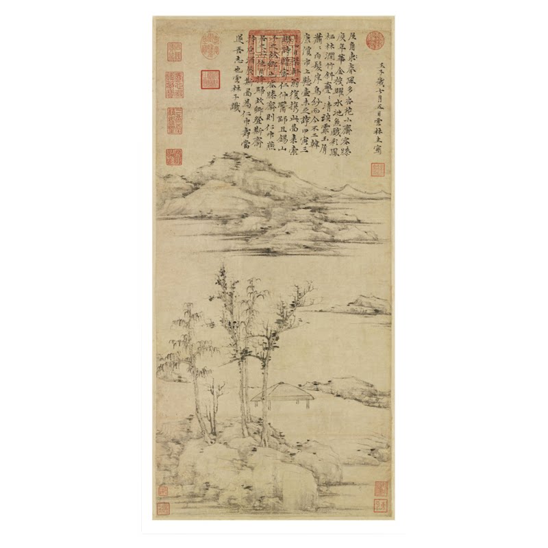 倪瓒《容膝斋图》高清水墨山石画