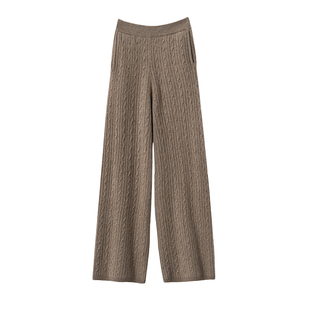 2025冬季新款纯山羊绒山女圆领扭花纹理毛衣阔腿休闲裤针织套装女