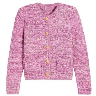 新品纯元法式复古粉色夹花针织衫小香风开衫圆领长袖单排扣毛衣女