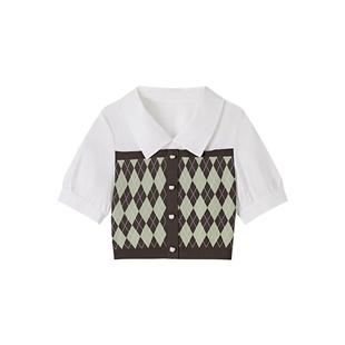 PIT复古假两件菱格针织短袖衬衫女2025年夏季新款polo领小上衣
