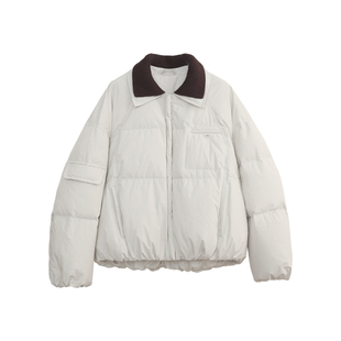 花吉C129米白色撞色毛线领90绒小花苞羽绒服女2025新款冬日系外套