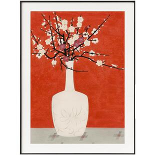 新中式入户玄关挂画竖版简约餐厅中国风装饰柜上摆画花卉壁画红色