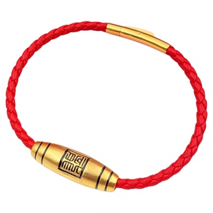 黄金色龙珠黑手绳十二生肖龙不锈钢丝红绳手链时尚男士黑皮手串