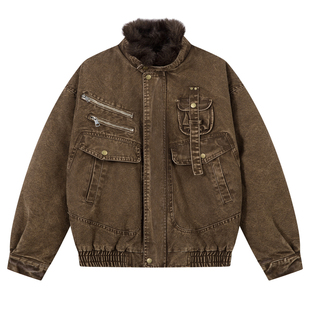 出前一町冬季街头复古重工设计感夹棉外套中性风毛绒领休闲棉服