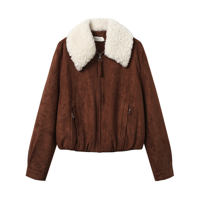 西町村屋巴恩风外套女装2025冬季新款夹棉毛领短款上衣XHAD10634