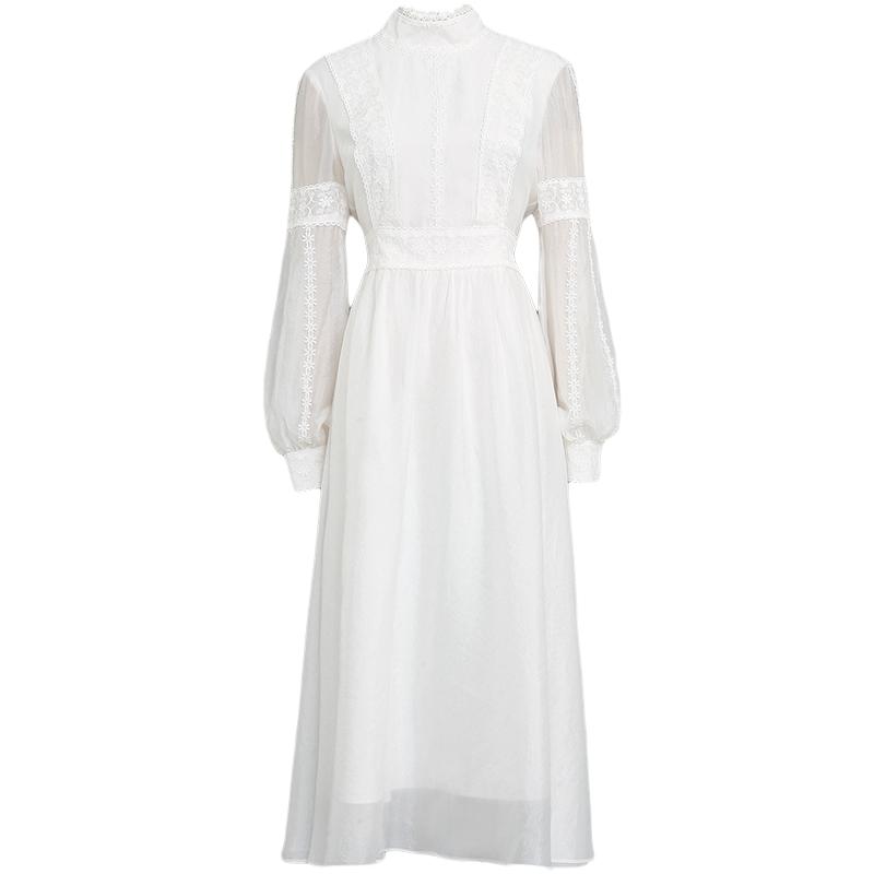 春装女装2024新款法式复古立领灯笼袖中长款白色连衣裙长裙女