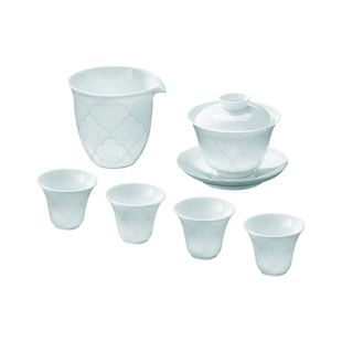 景德镇陶瓷家用中式三才盖碗影青白瓷浮雕功夫茶具品茗单个装送礼