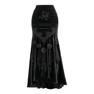 自制幽灵少女黑色复古哥特丝绒鱼尾裙暗黑不规则半身裙秋冬款长裙
