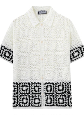 2026夏季欧美性感镂空短袖针织Polo衫男拼色休闲衬衣Men's shirts