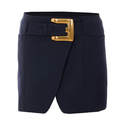 巴尔曼藏蓝高腰A字半身裙