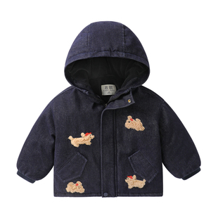 右欧儿童加绒牛仔棉服外套男童冬季连帽棉袄宝宝秋冬加厚童装上衣
