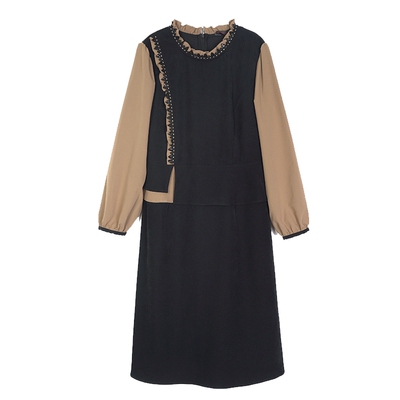 绮娑大码假两件套连衣裙新款冬装木耳边领显瘦胖MM磨毛A字裙长袖