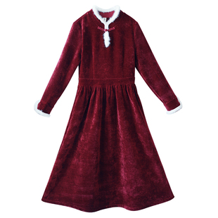 6折【北方佳人】复古红丝绒连衣裙女秋冬季款水貂毛立领收腰长裙