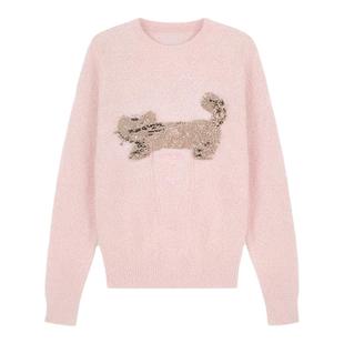 Kroche  趣味动物 羊毛混纺 猫咪提花圆领针织衫粉色毛衣