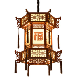 中式复古实木宫灯仿古羊皮吊灯宫廷别墅祠堂寺庙长廊亭子六角灯笼