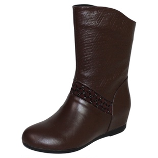 全牛皮中筒靴女2025年秋冬新款真皮马丁靴平底内增高靴子棕色短靴